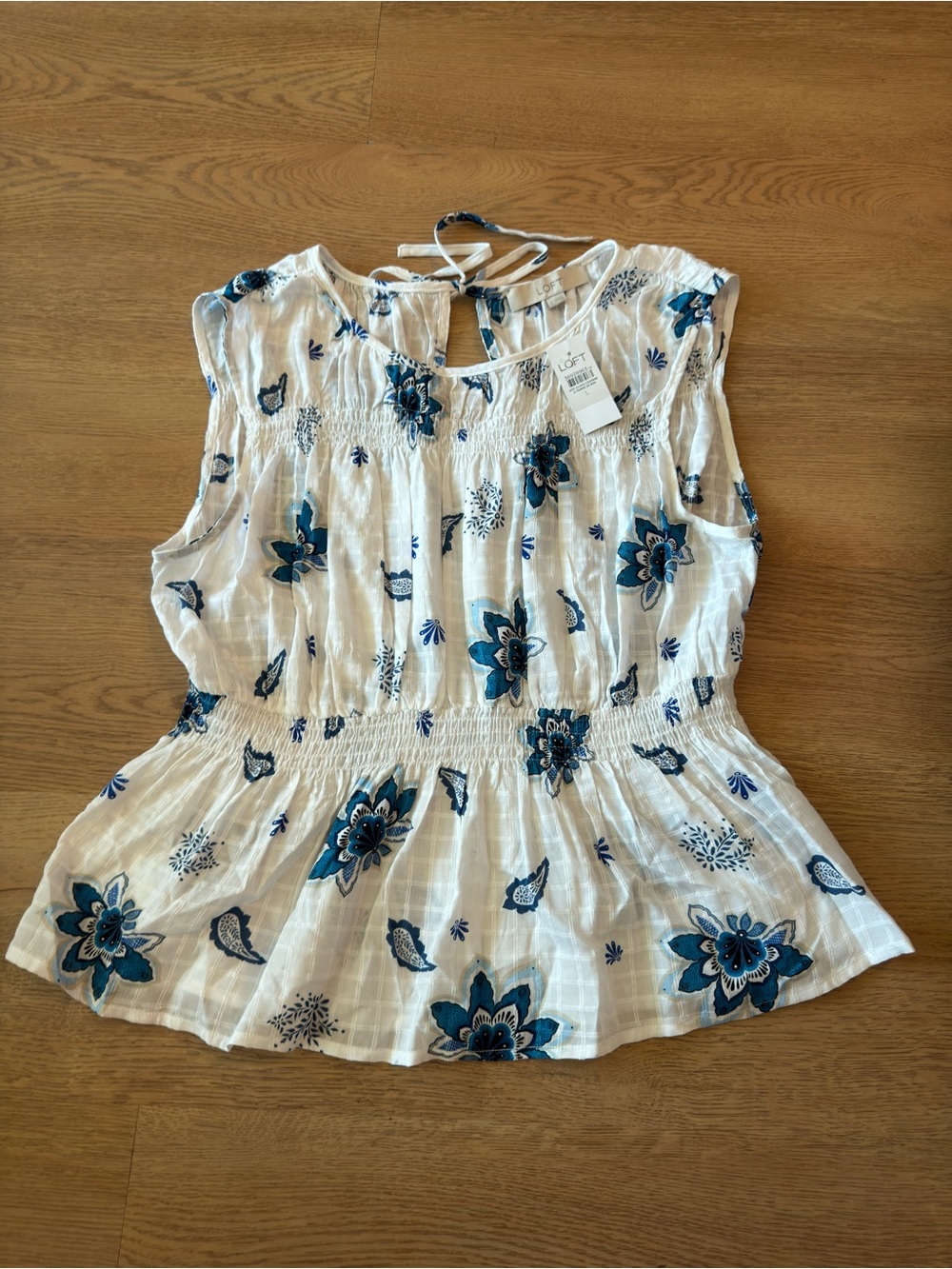 LOFT White Tank Top with Blue Floral Smocked Waist